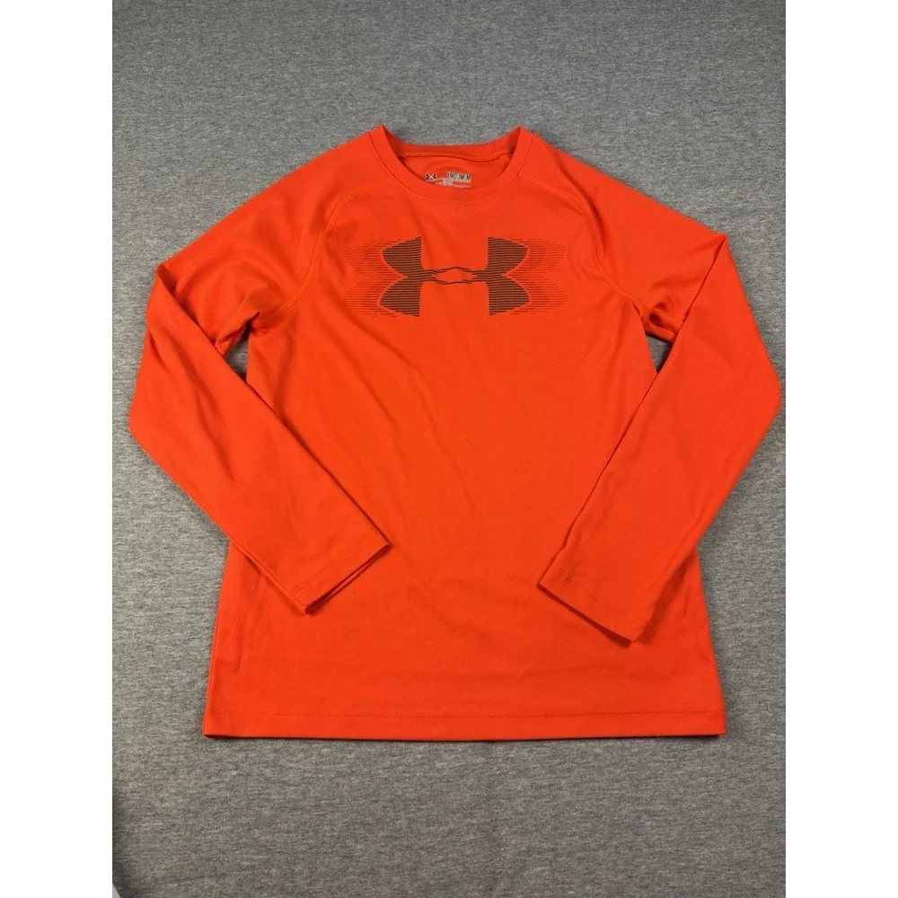 Boys Orange Under Armour HeatGear Pullover Long Sleeve Shirt Youth Medium YMD